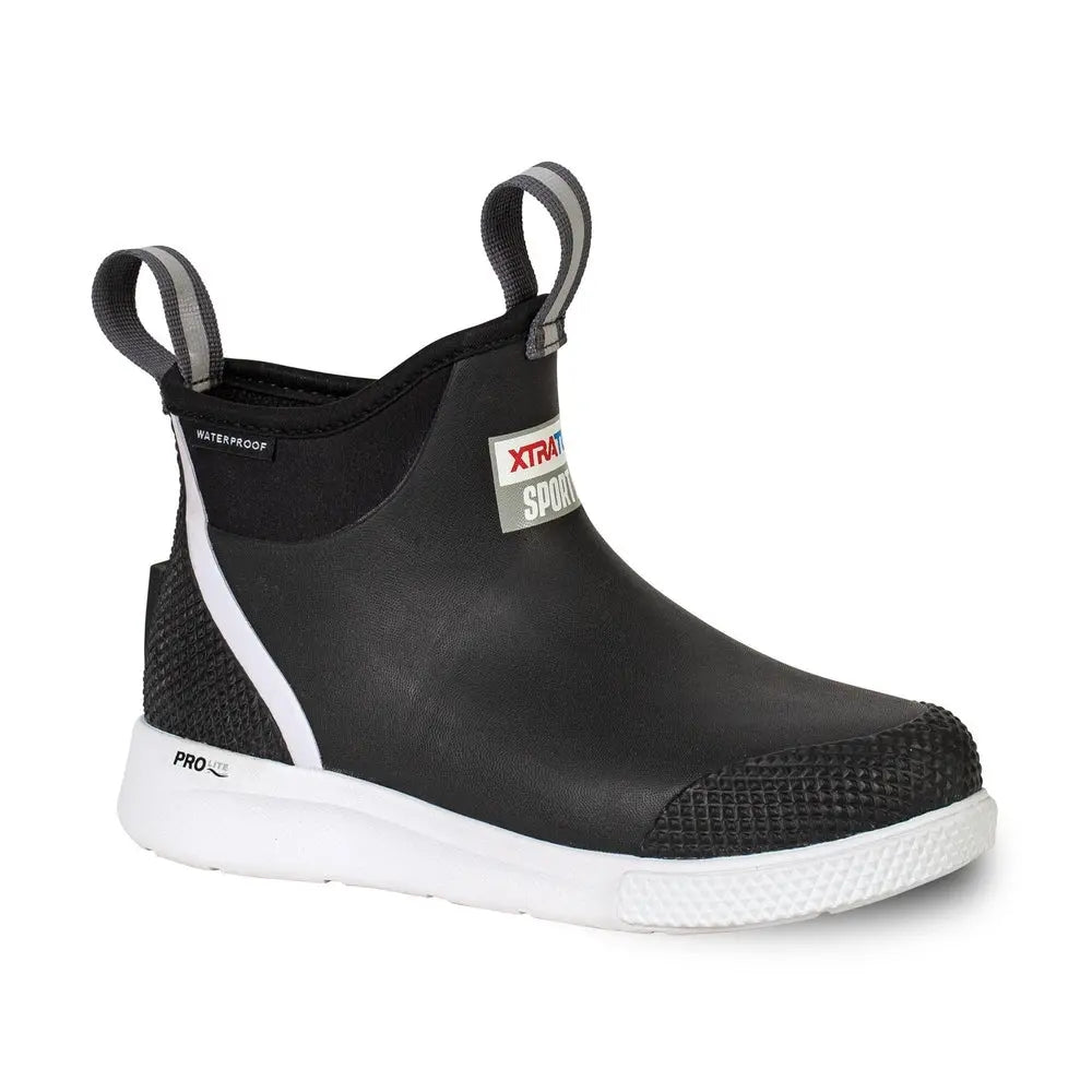 Black 6" Ankle Deck Boot Sport with white sole, textured toe, and "WATERPROOF" label.