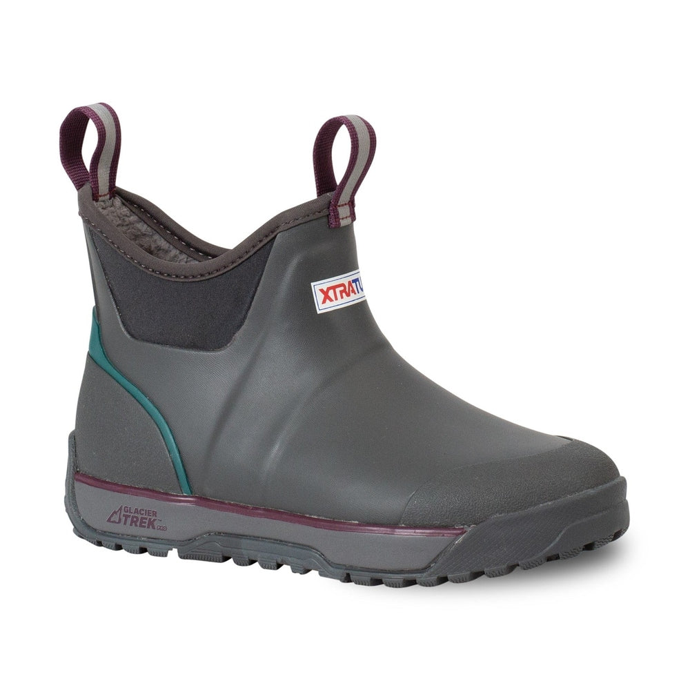 Dark gray ADB Ice Boot with purple pull tabs, teal accent, and "Glacier Trek Pro" sole.