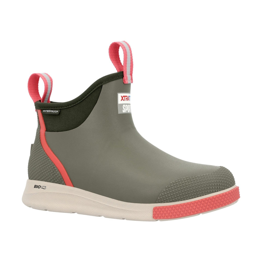 XTRATUF Ankle Deck Boot Sport in olive green with coral accents, waterproof, and a textured toe.