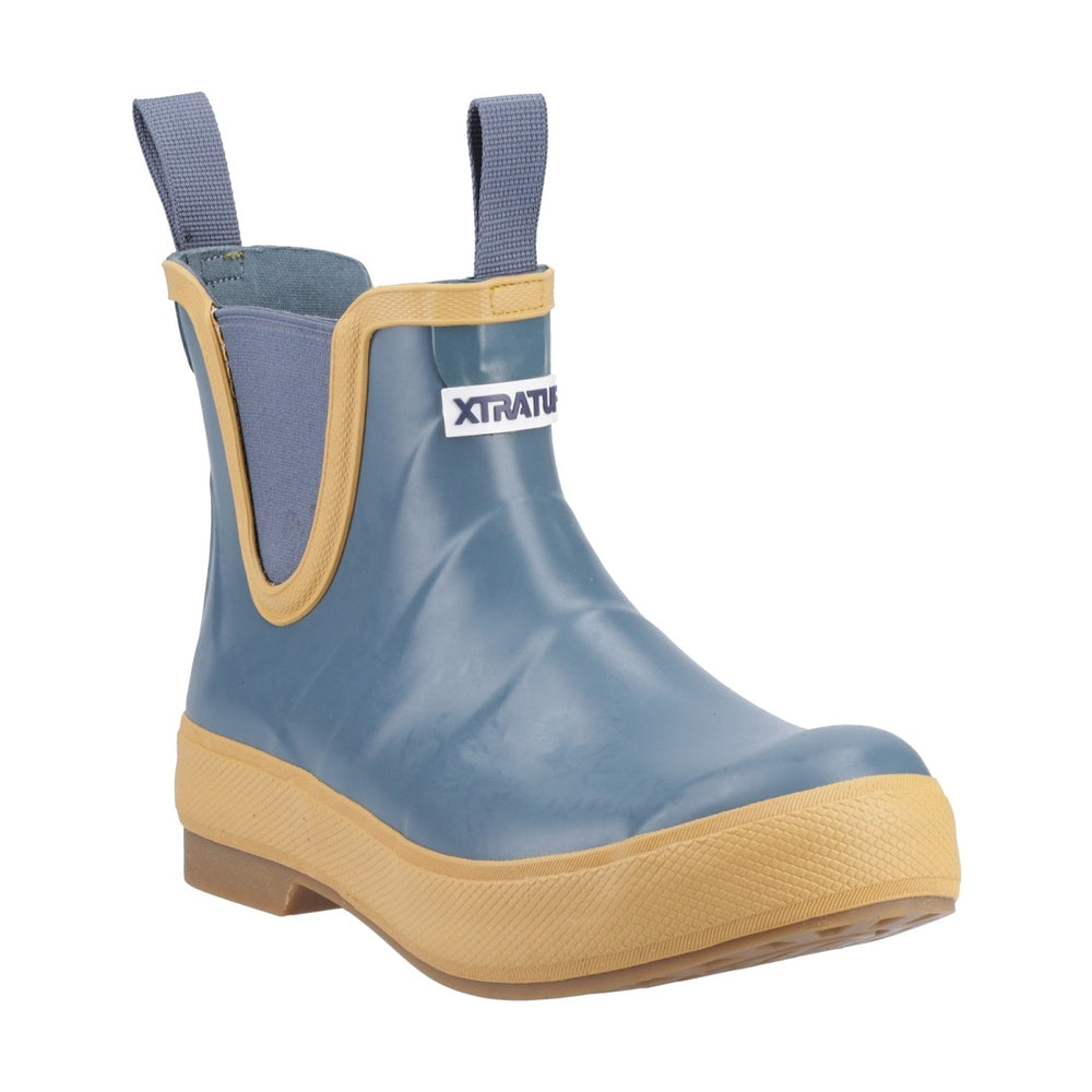 Blue Legacy Deck Boot with tan sole, trim, and pull tabs. XTRATUF logo on side.