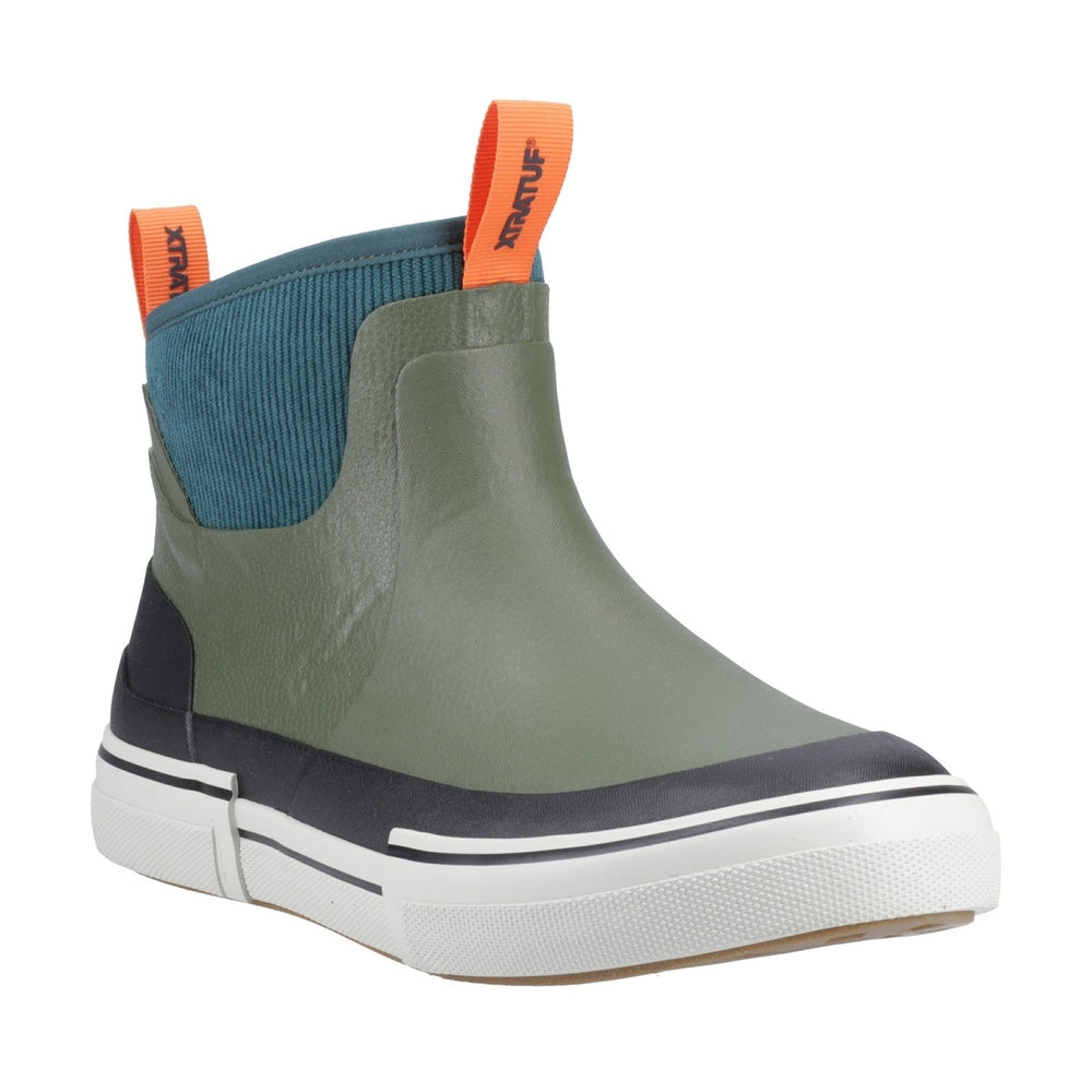 Olive green XTRATUF Ankle Deck Boot with teal knit cuff, black accents, and white non-slip sole.