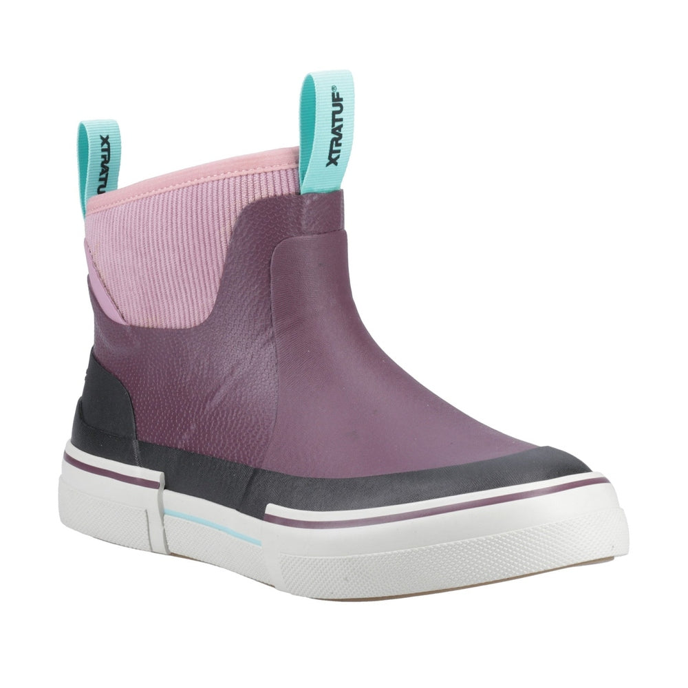 Purple XTRATUF Ankle Deck Boot with pink ribbed collar, black heel, and white sole with light blue stripe.