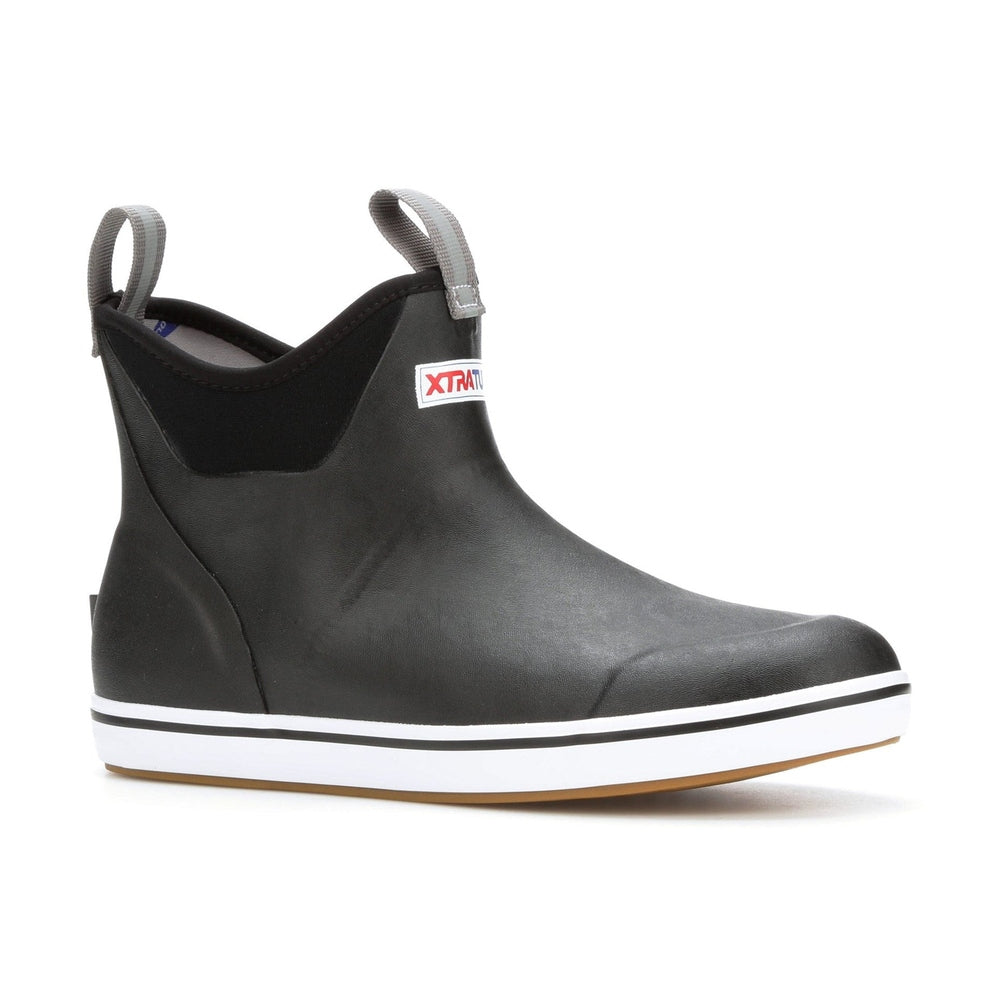 Black Xtratuf Ankle Deck Boot with white sole, grey pull tabs, and red logo.