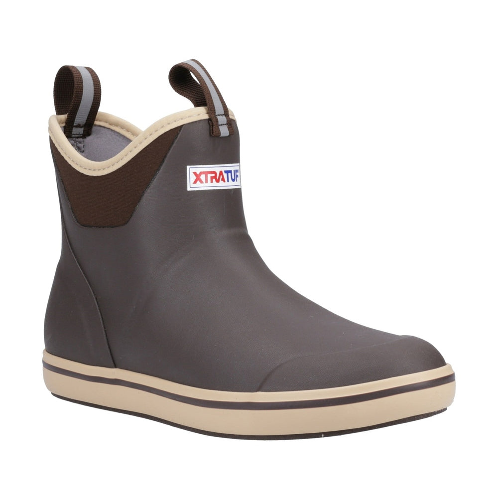 Xtratuf Ankle Deck Boot in chocolate brown with tan trim, pull tabs, and slip-resistant sole.