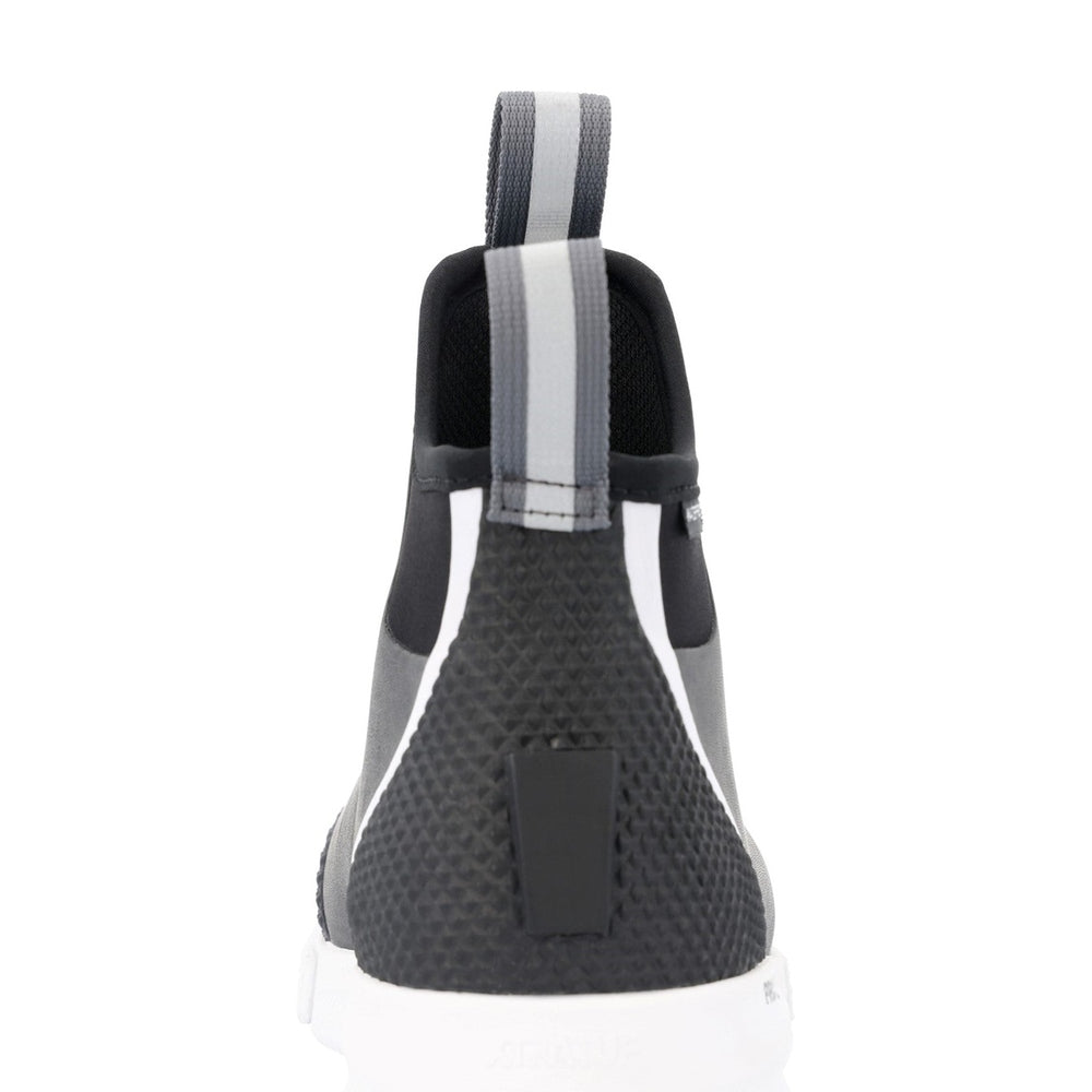 Back view of a black and gray 6" Ankle Deck Boot Sport with a white sole and textured heel.