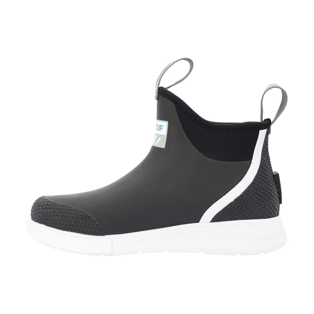 Black 6" Ankle Deck Boot Sport with white sole, pull tabs, and logo.