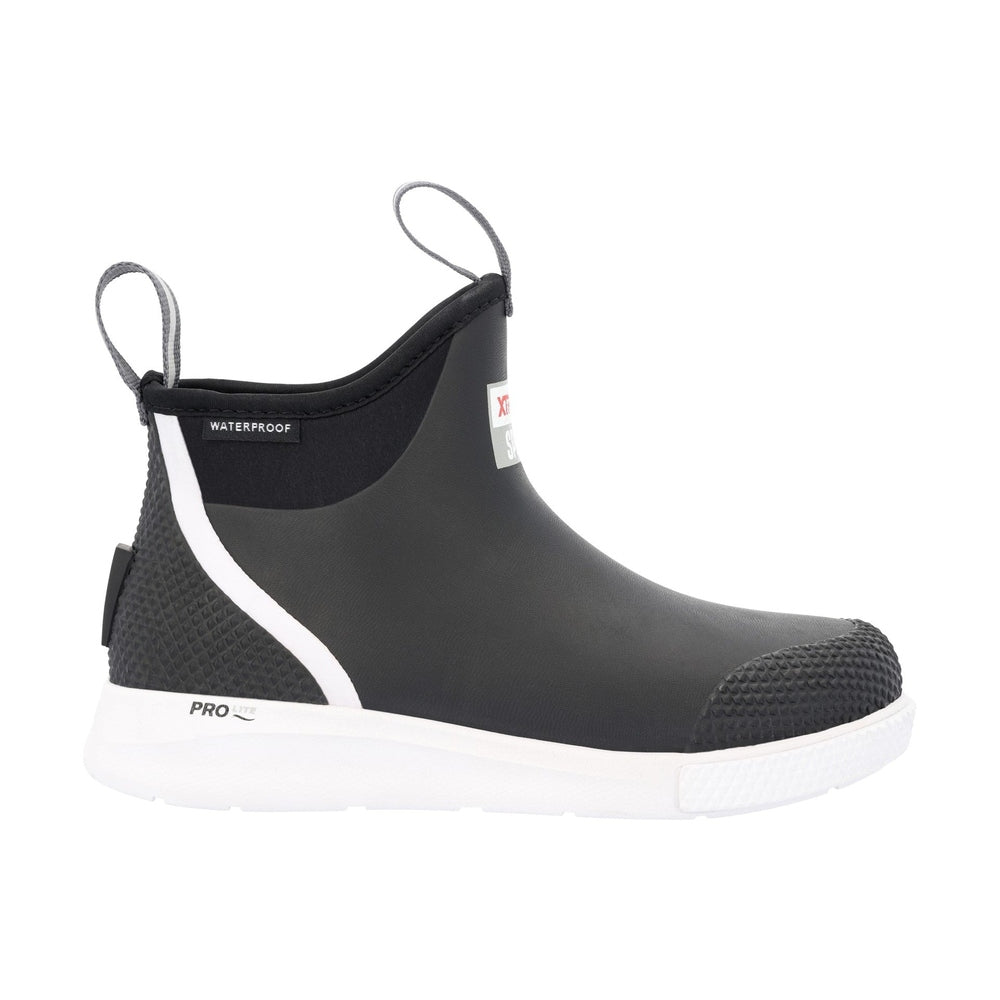 Black 6" Ankle Deck Boot Sport with white sole, pull tabs, and "WATERPROOF" label.