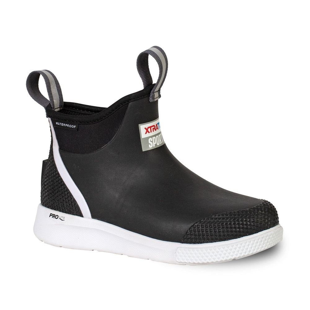 Black 6" Ankle Deck Boot Sport with white sole, textured toe, and "WATERPROOF" label.