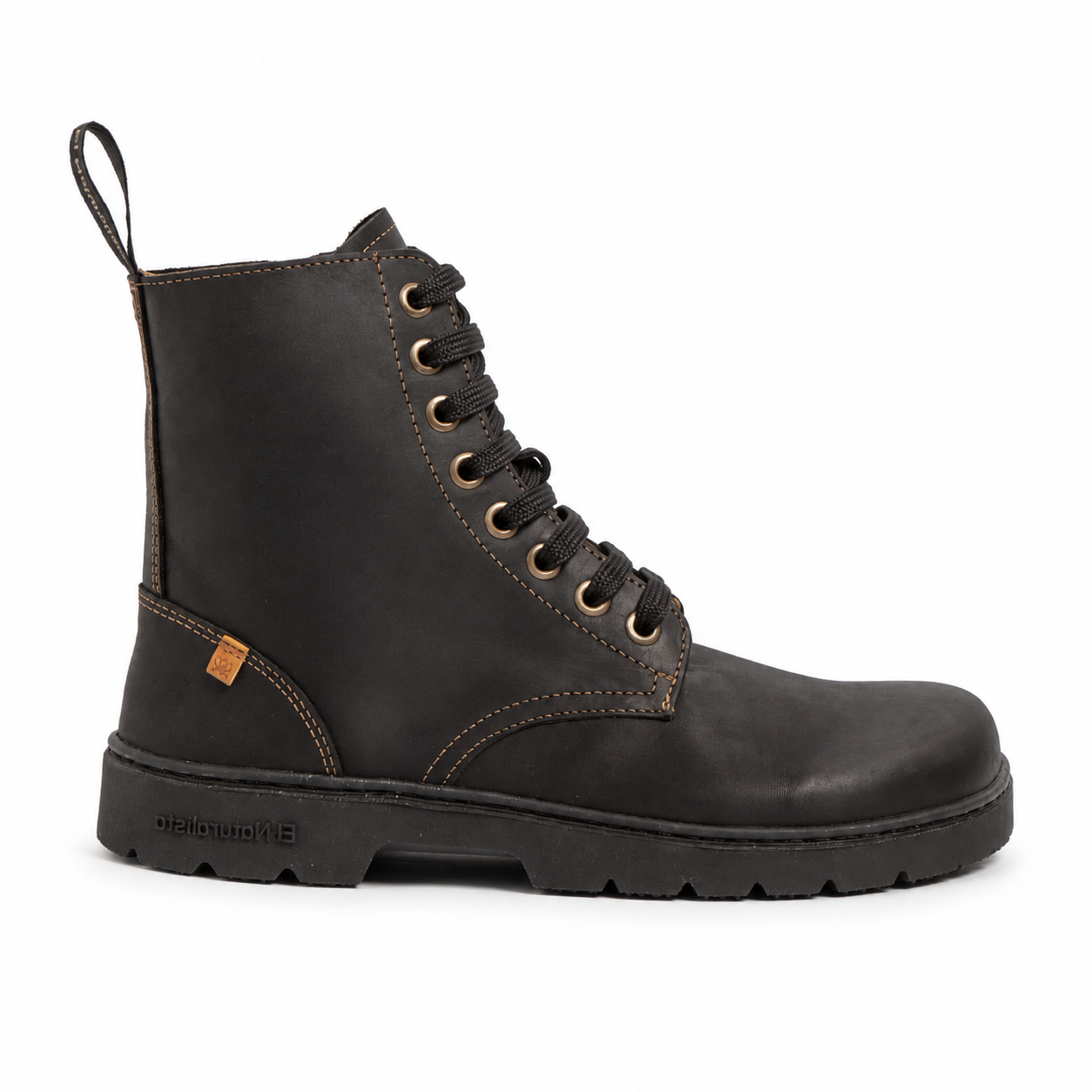 A dark brown leather lace-up boot with tan contrast stitching, gold-toned eyelets, and a black sole, shown from a side profile on a white background.