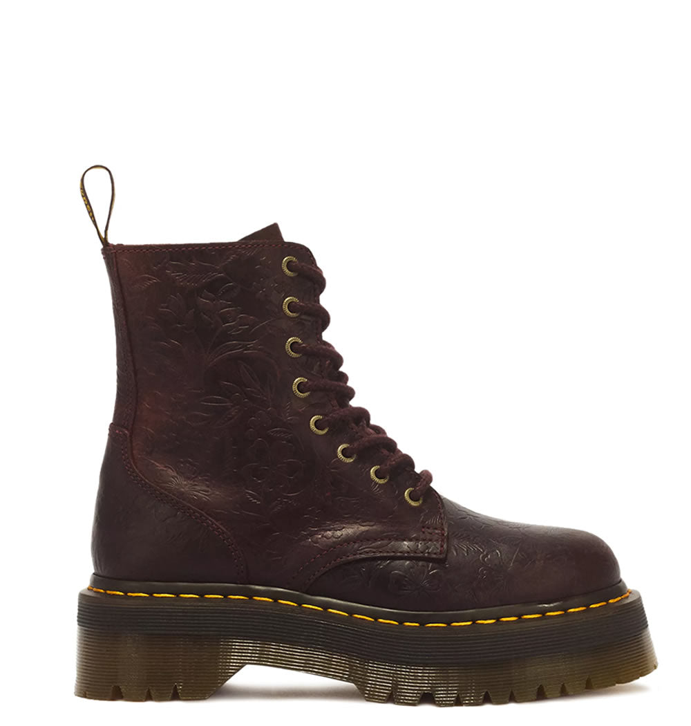 Jadon Floral Emboss 8 Eye Crazy Horse Leather Platform Boots - Cherry Red