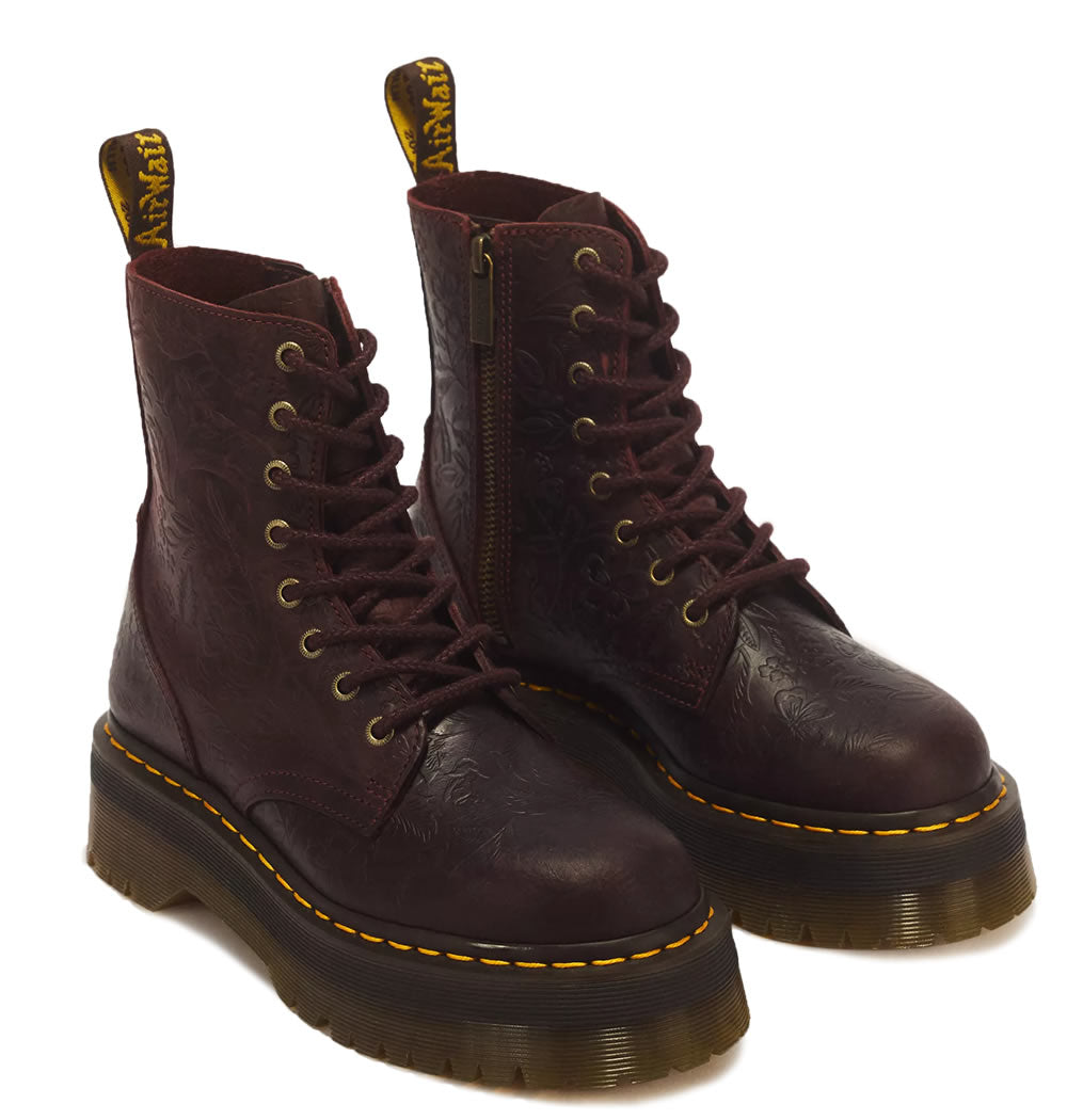 Jadon Floral Emboss 8 Eye Crazy Horse Leather Platform Boots - Cherry Red