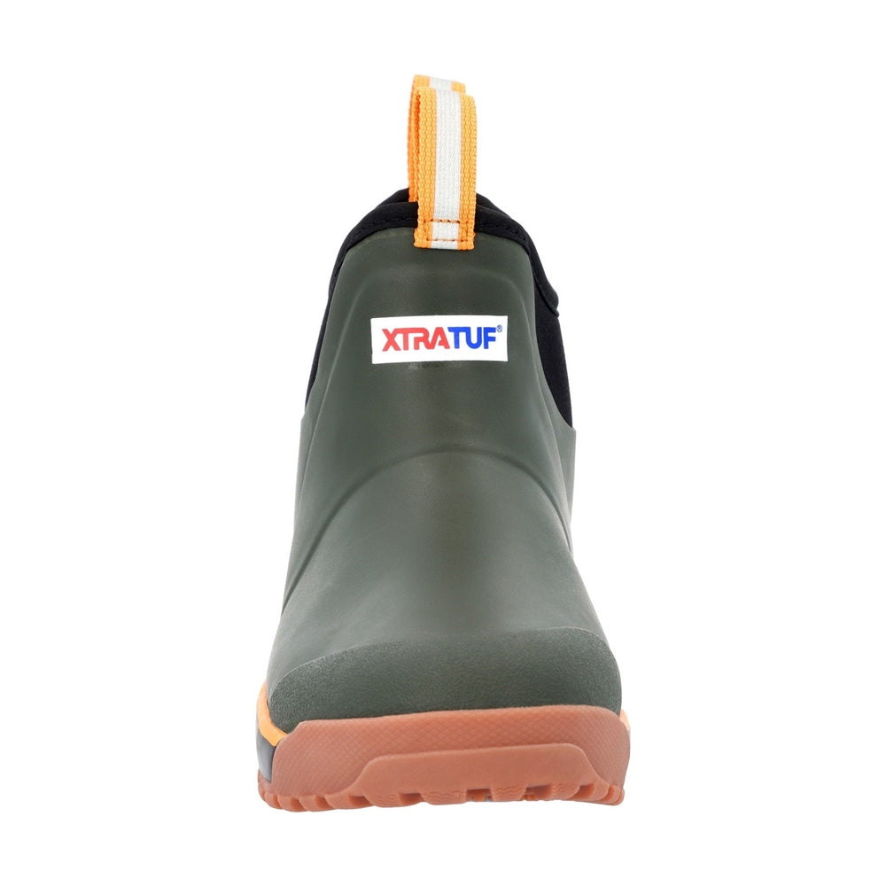 Front view of an olive green XTRATUF ADB Ice Boot with an orange and white pull tab and brown sole.