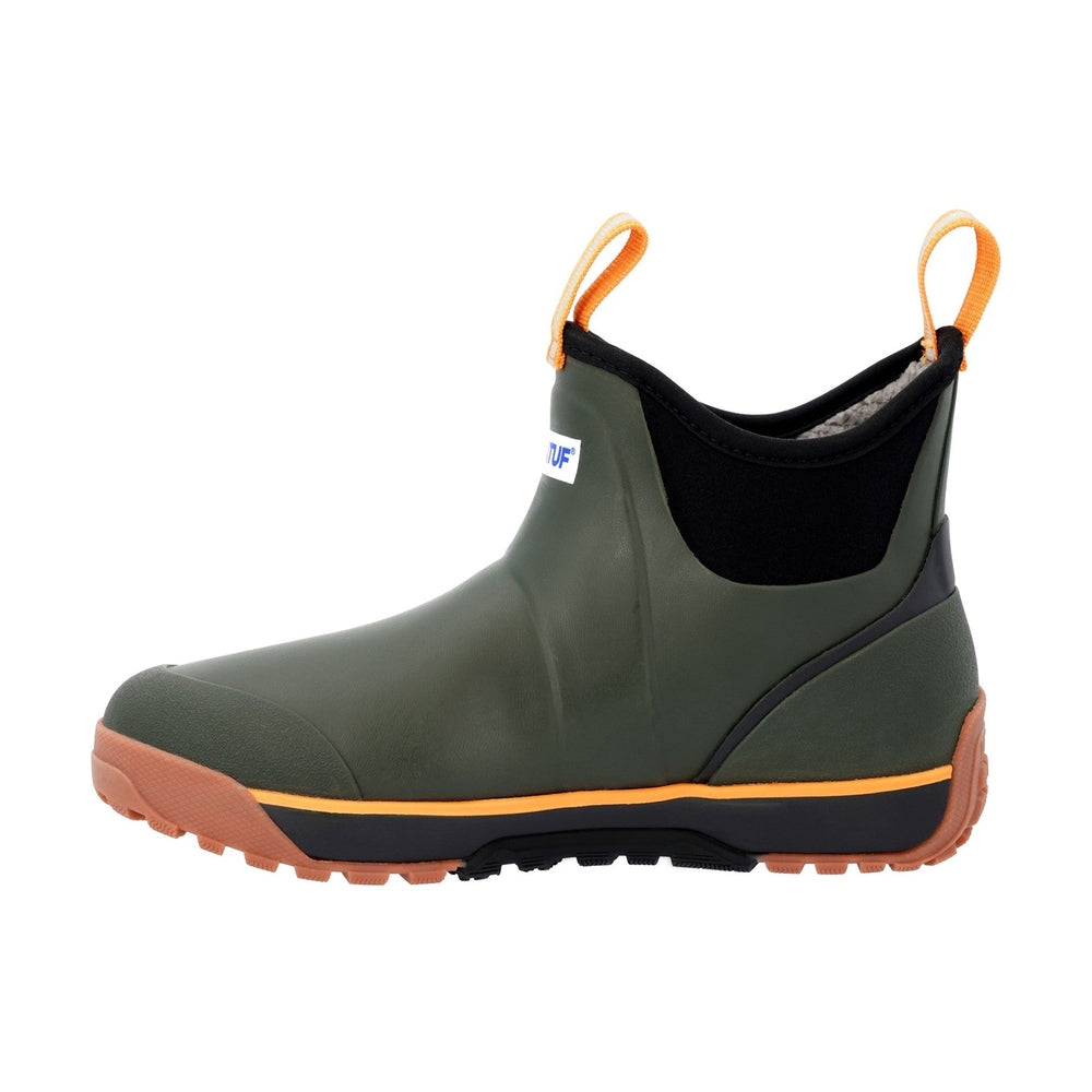 ADB Ice Boot: Dark green rubber boot with orange pull tabs, black neoprene collar, and brown Glacier Trek Pro sole.