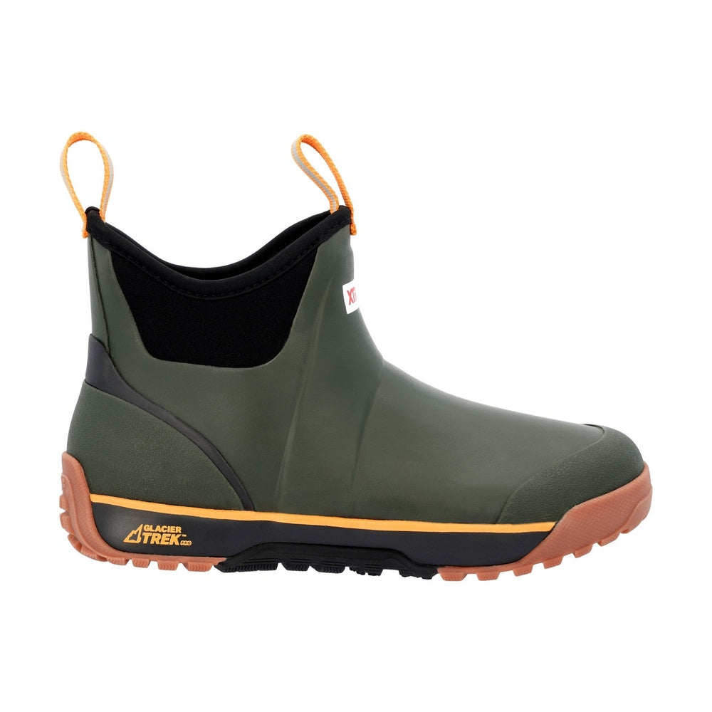 Dark green ADB Ice Boot with orange pull tabs, black neoprene cuff, and brown Glacier Trek Pro sole.