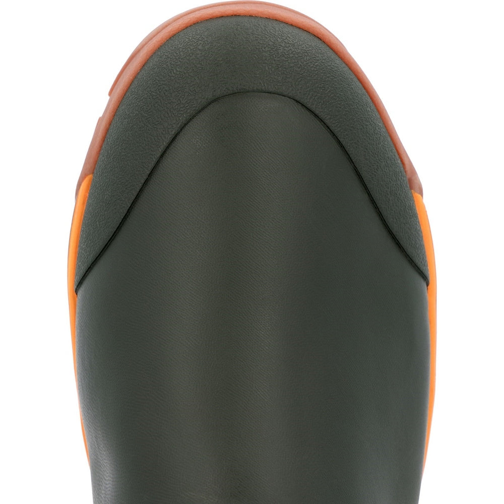 ADB Ice Boot: Dark green rubber boot with orange trim and textured toe cap.