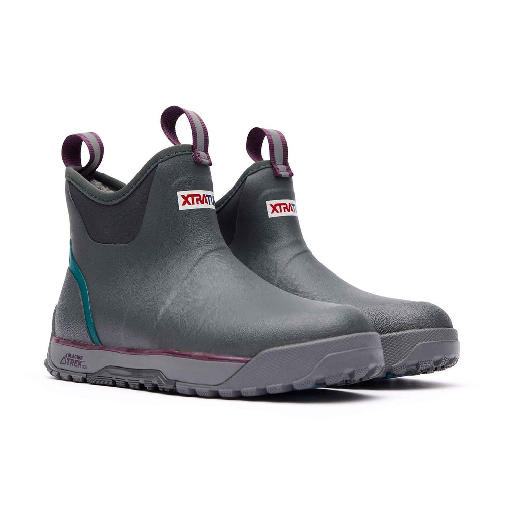 Dark gray XTRATUF ADB Ice Boots with purple accents, Glacier Trek Pro soles, and teal side stripe.