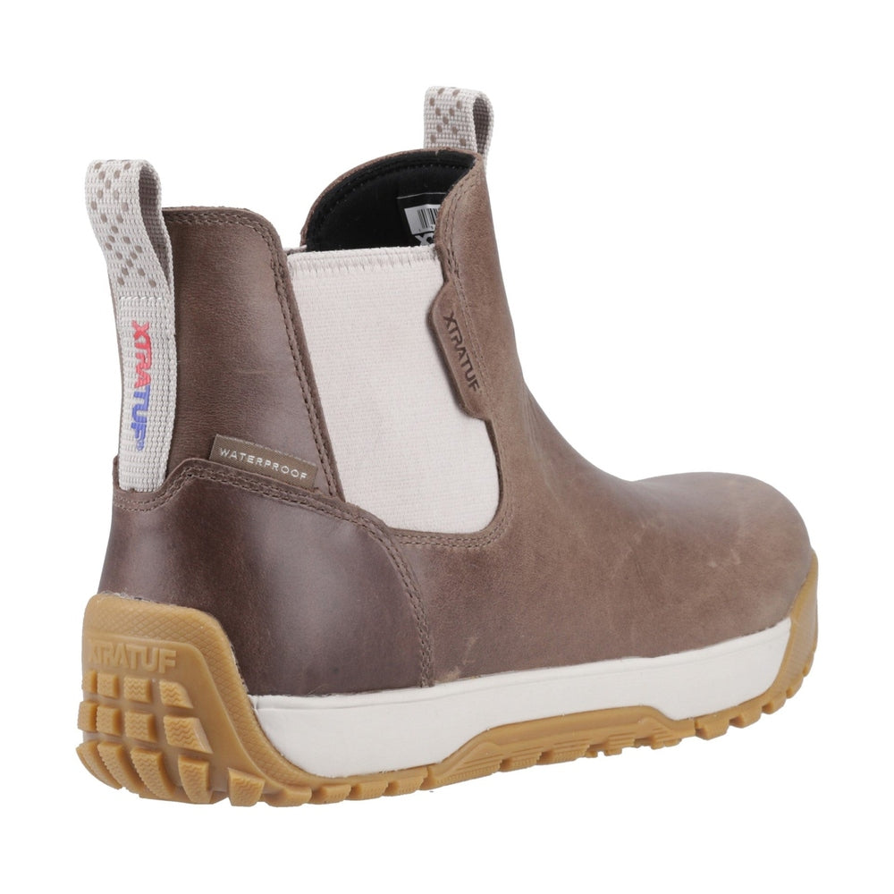 Brown leather XTRATUF Ankle Deck Boot with waterproof tag, white elastic side panels, and tan non-slip sole.
