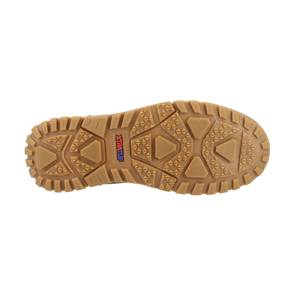Brown rubber sole of an XTRATUF Ankle Deck Boot with deep, multi-directional non-slip treads.