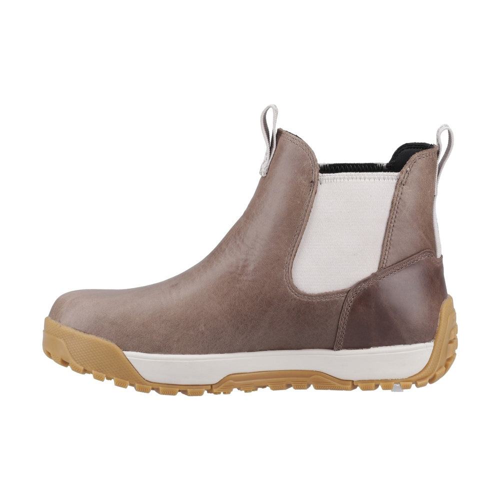 Brown leather ankle deck boot with light elastic side panels, white midsole, and tan non-slip sole.