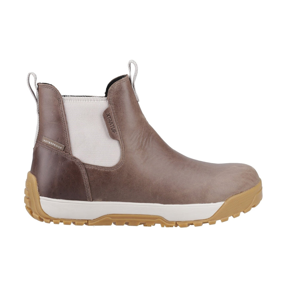 Brown leather XTRATUF Ankle Deck Boot with light canvas sides, white midsole, and tan non-slip sole.