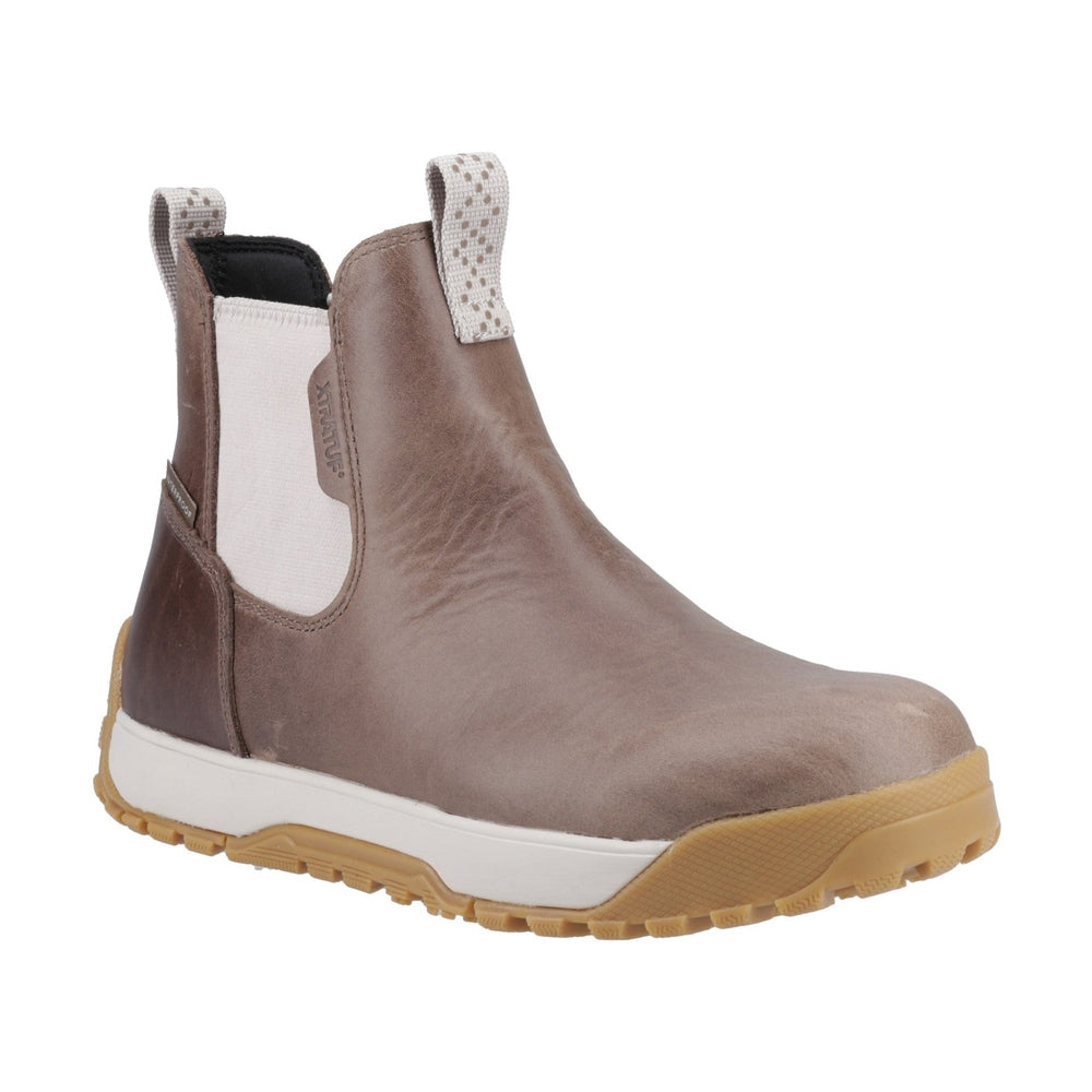 Brown leather Ankle Deck Boot with light elastic side panels, white midsole, and tan non-slip sole.