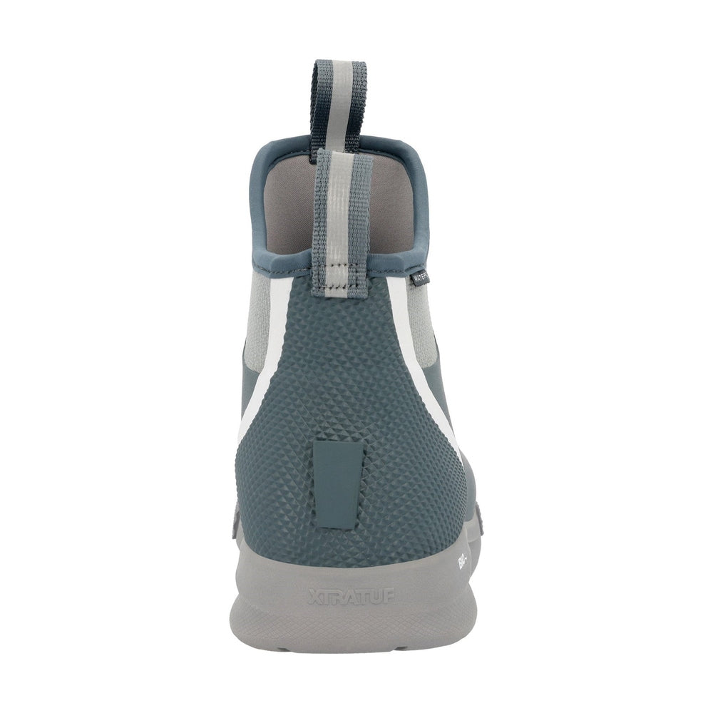 Back view of a grey and teal Ankle Deck Boot Sport with a textured heel and pull tab.