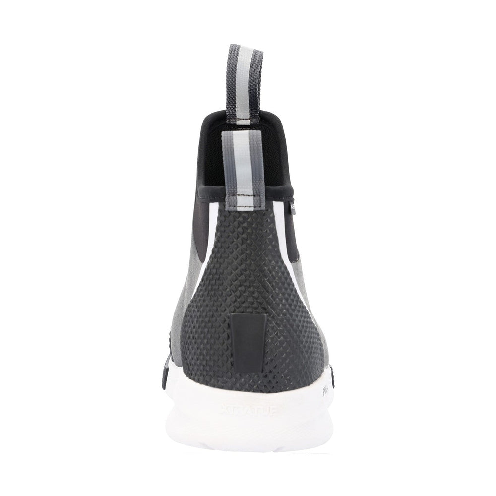 Back view of a black and grey XTRATUF Ankle Deck Boot Sport with a textured heel and white sole.