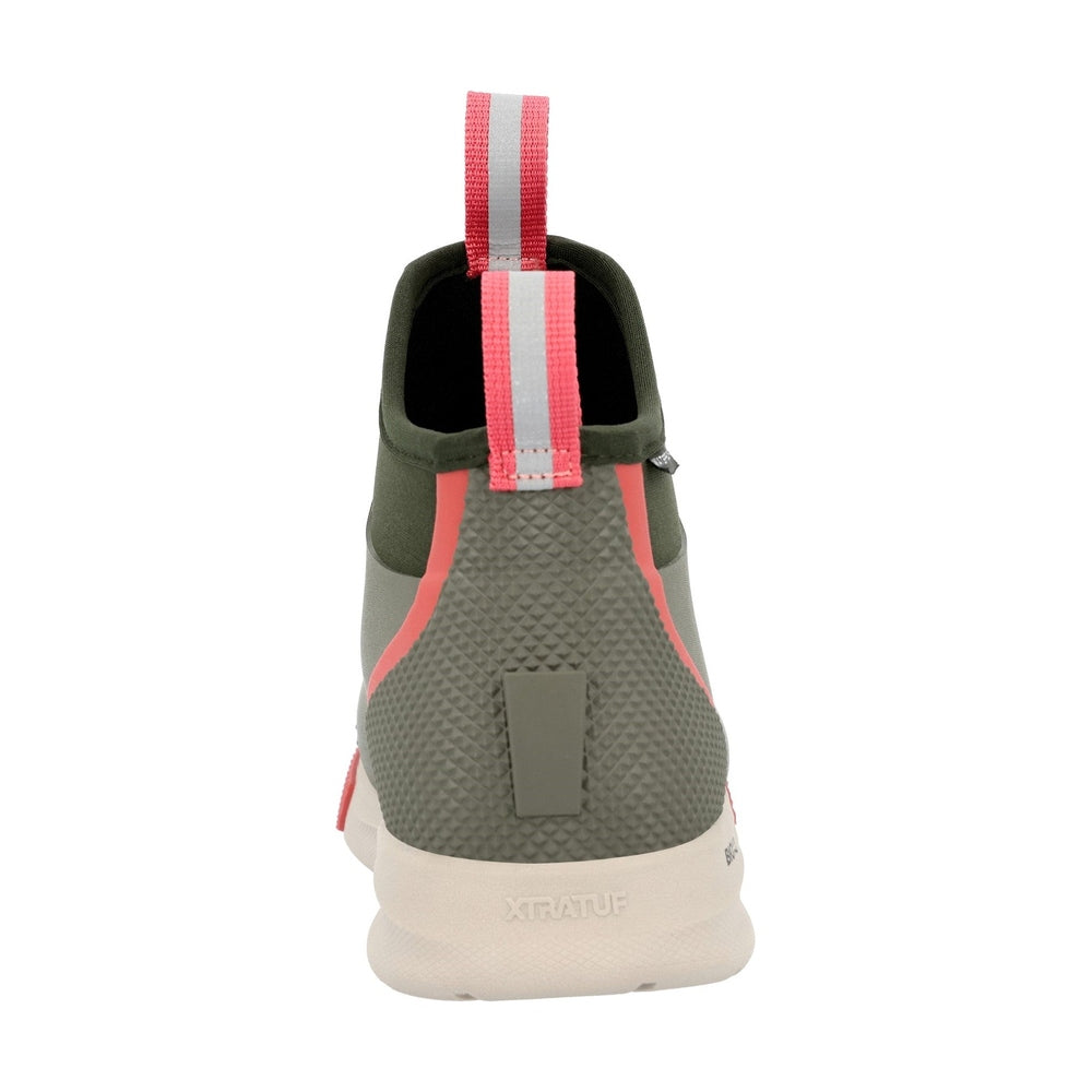 Back view of an olive green Ankle Deck Boot Sport with coral accents, textured heel, and a reflective pull tab.