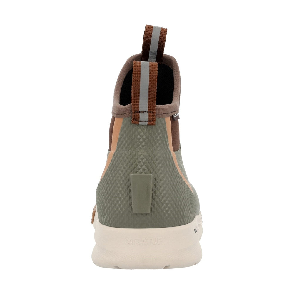 Back view of an olive green and tan Ankle Deck Boot Sport with a textured heel and reflective pull tab.