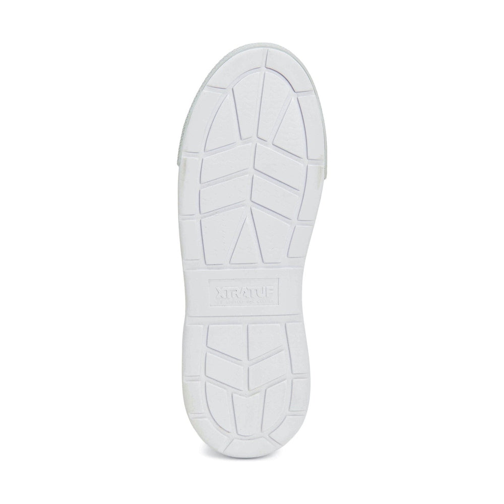 Bottom view of a grey Xtratuf Ankle Deck Boot Sport, showing the white slip-resistant outsole with tread pattern.