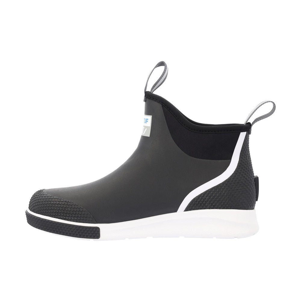 Black XTRATUF Ankle Deck Boot Sport with white sole, textured toe, and pull tabs.