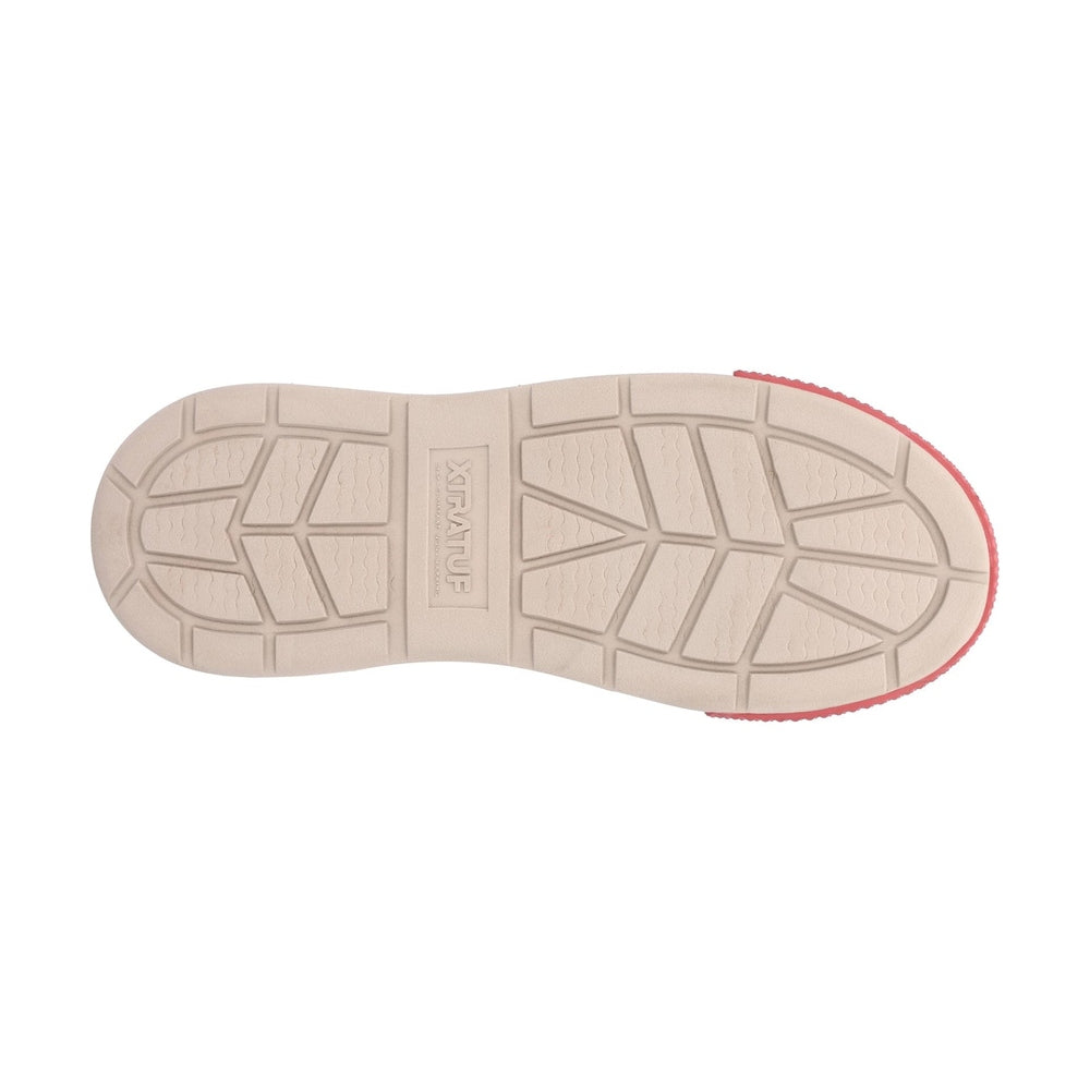 Bottom view of an Ankle Deck Boot Sport with a beige, textured, non-marking outsole and a red trim.