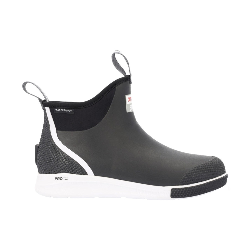 XTRATUF Ankle Deck Boot Sport in dark gray with white sole, textured heel, and pull tabs.