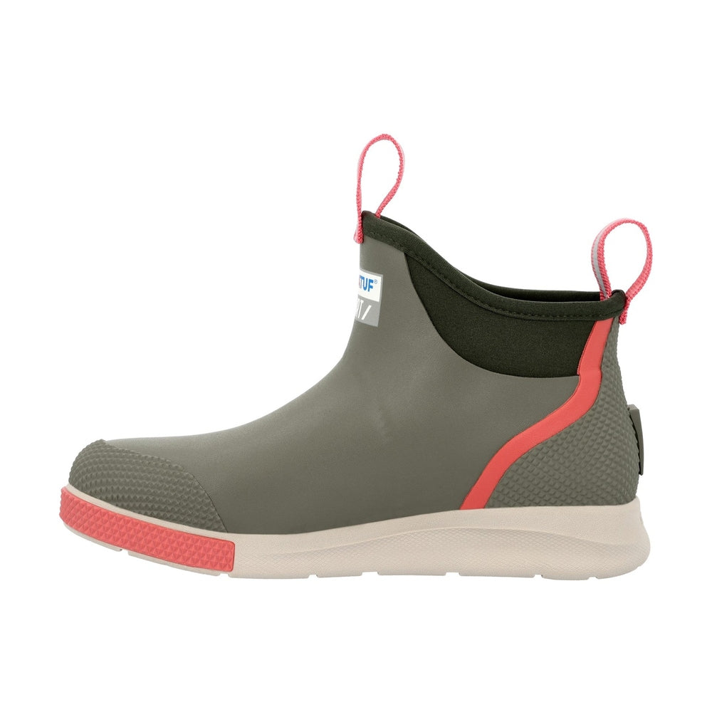 Olive green Ankle Deck Boot Sport with coral accents, white sole, and pull tabs.