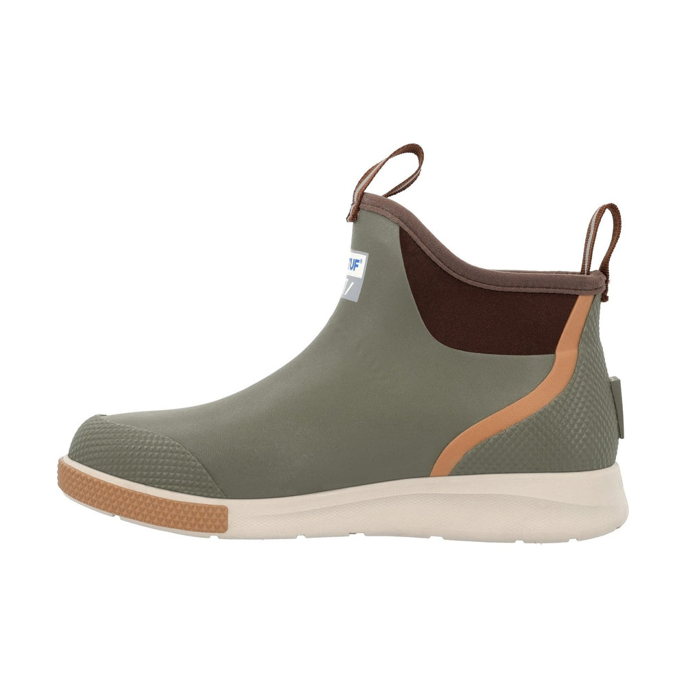 Olive green Ankle Deck Boot Sport with brown collar, tan accents, and a light sole.