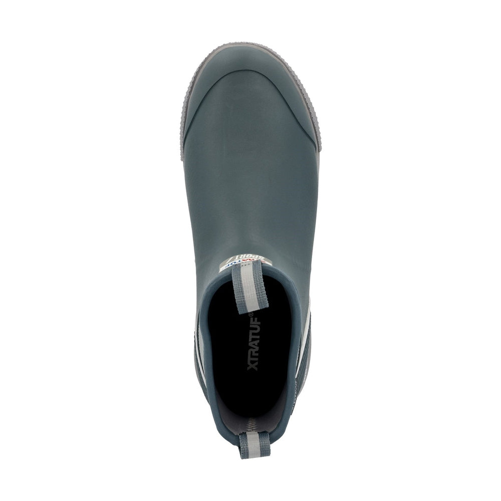 Dark teal XTRATUF Ankle Deck Boot Sport, top-down view, with gray sole and pull tabs.