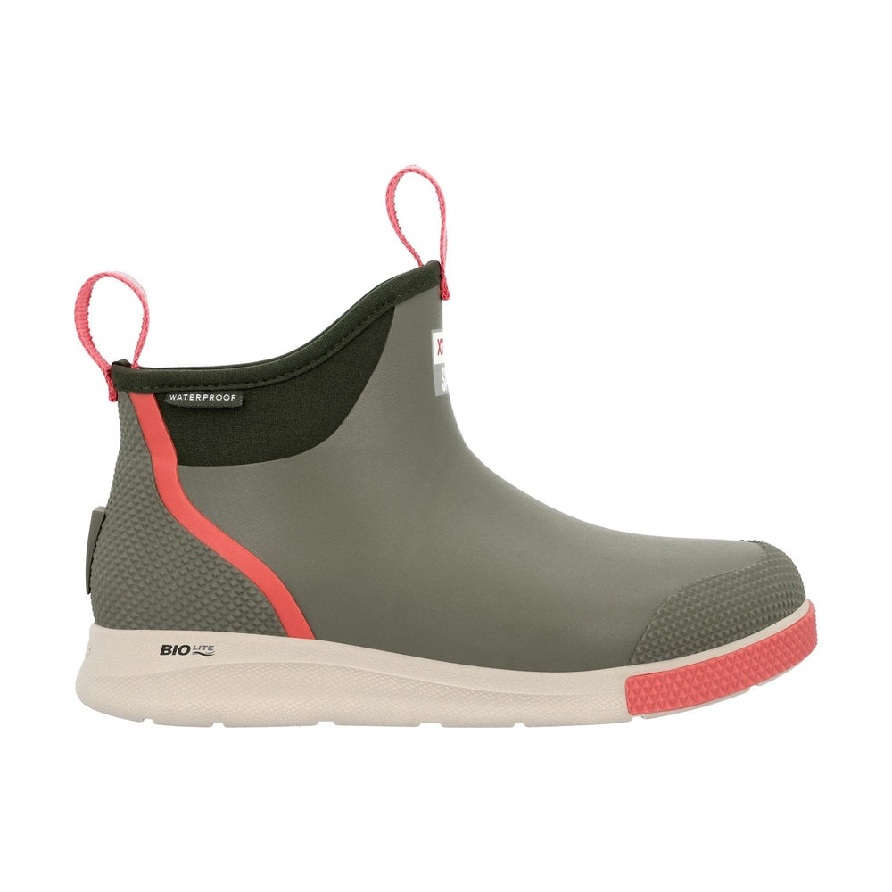 Olive green Ankle Deck Boot Sport with coral accents, waterproof label, and textured sole.