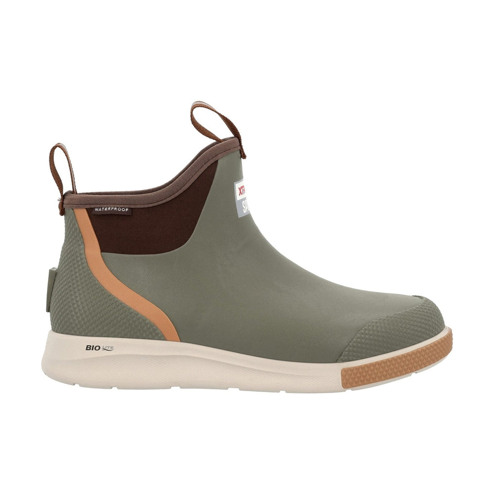 Olive green Ankle Deck Boot Sport with brown trim, tan sole, and "WATERPROOF" label.