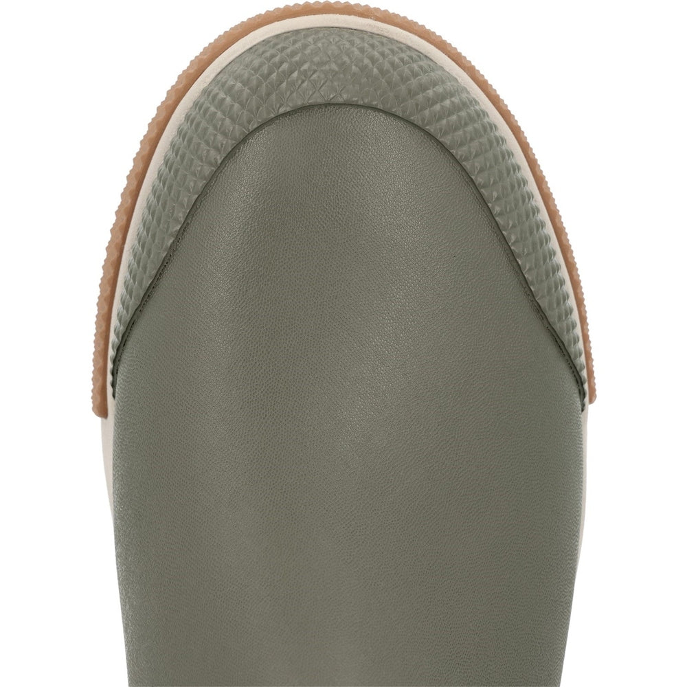 Close-up of the toe of an olive green Ankle Deck Boot Sport with a textured rubber toe cap and tan sole.