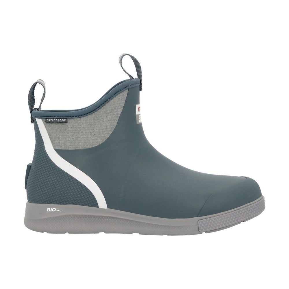 Slate gray waterproof ankle deck boot with white stripe, gray textured upper, and pull tabs.