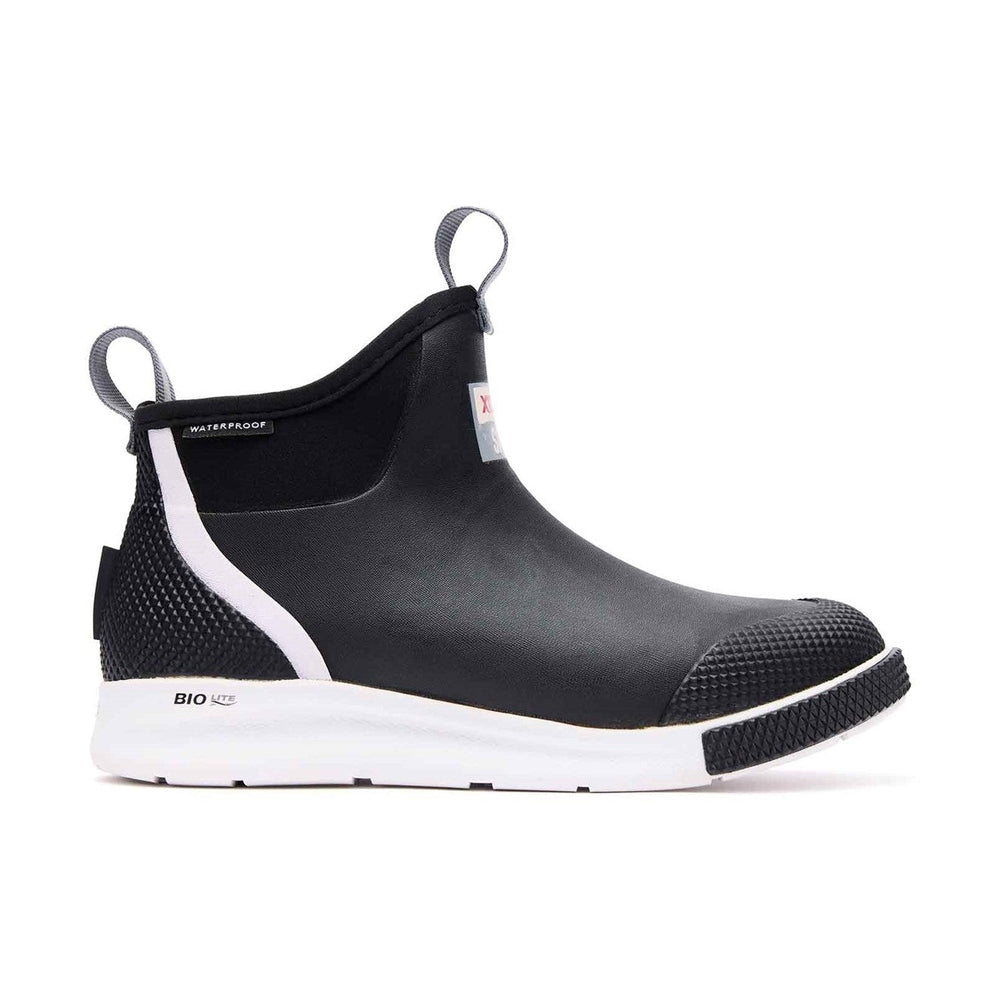 Black XTRATUF Ankle Deck Boot Sport with white sole, mesh side, and pull tabs.