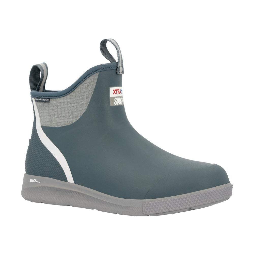 Blue-gray XTRATUF Ankle Deck Boot Sport with gray mesh collar, white stripe, and light gray sole.