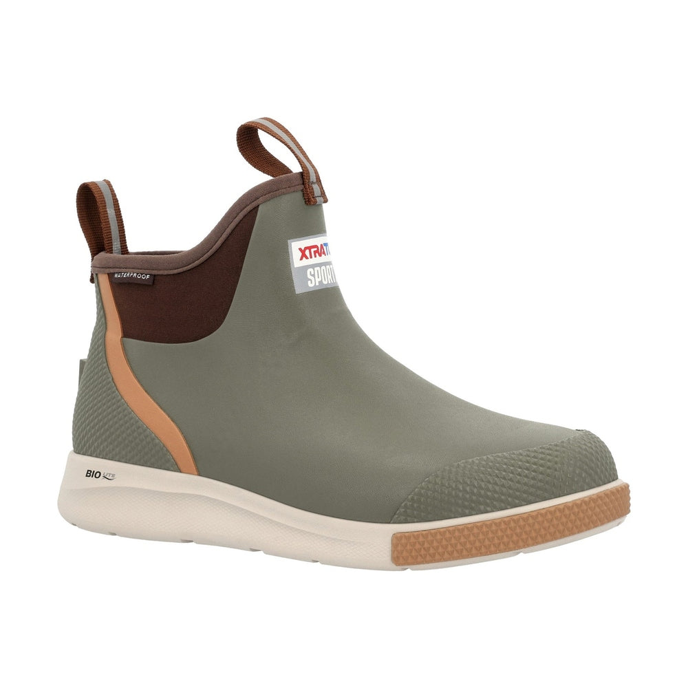 XTRATUF Ankle Deck Boot Sport in olive green, brown, and tan, with "WATERPROOF" and "BIO LITE" labels.