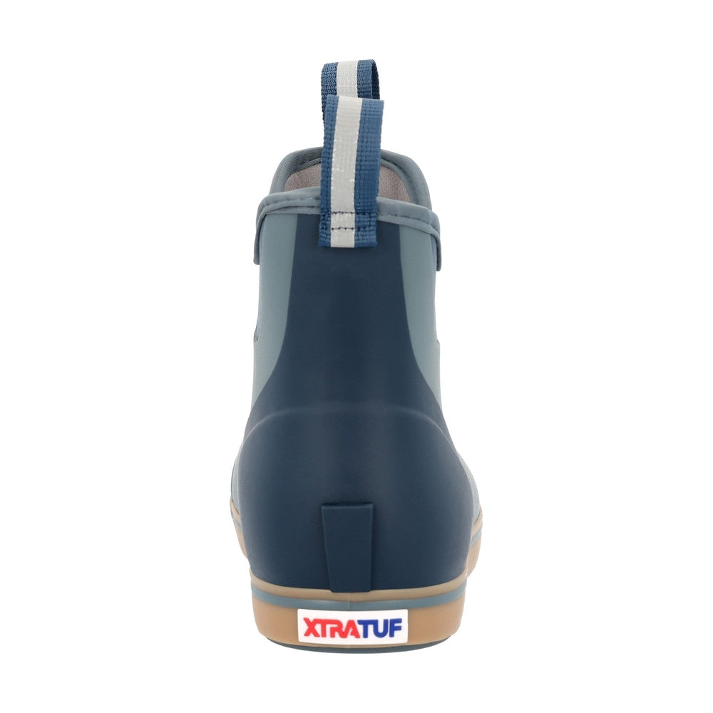 XTRATUF Ankle Deck Boot, dark blue and light blue, with a slip-resistant Chevron outsole and pull tab.