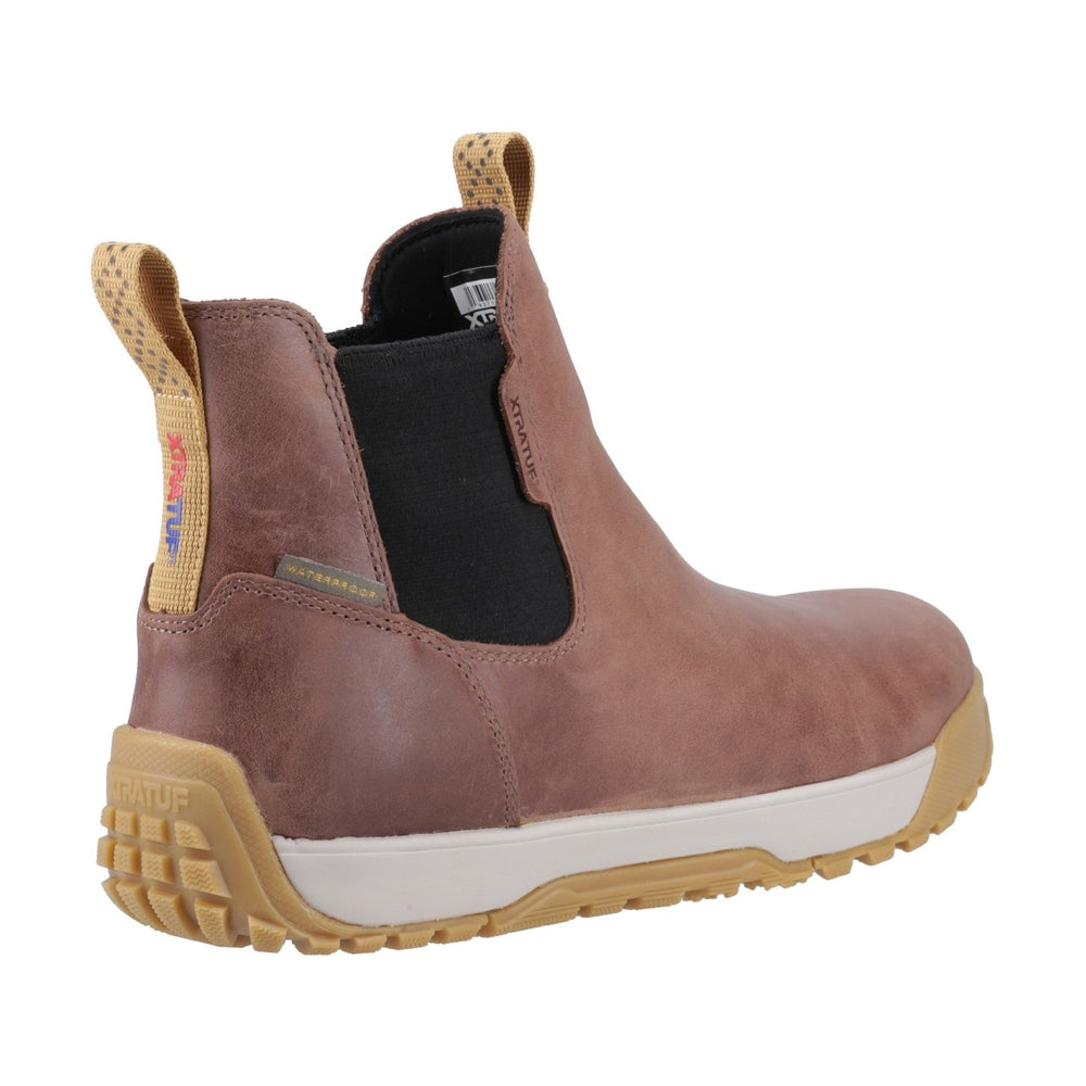 Brown leather XTRATUF Ankle Deck Boot with black elastic sides, tan pull tabs, and a light sole.