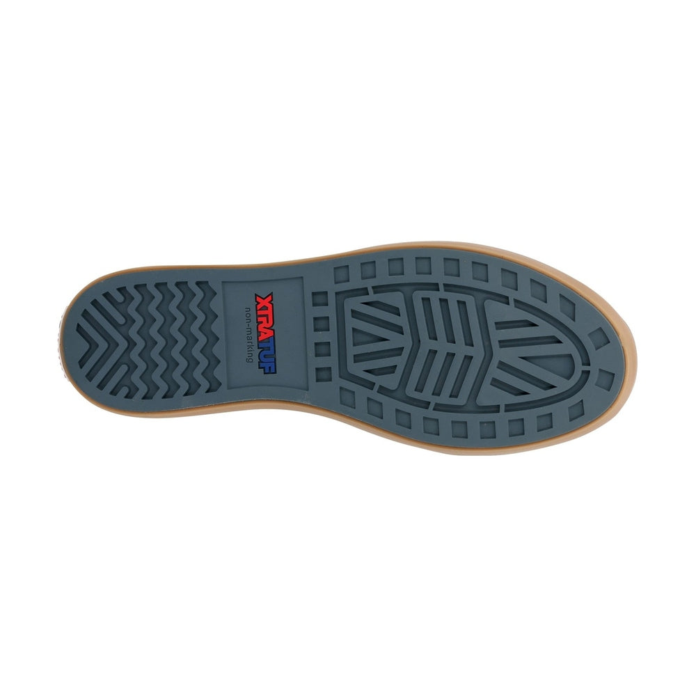 Bottom view of a brown XTRATUF Ankle Deck Boot with a grey slip-resistant Chevron outsole.