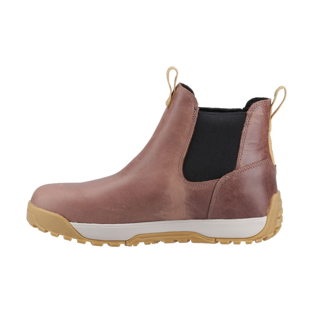 Brown leather Ankle Deck Boot with black elastic sides, tan pull tabs, and a white and tan non-slip sole.