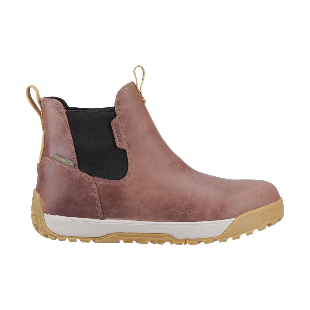 Brown leather XTRATUF Ankle Deck Boot with black elastic sides, tan pull tabs, and a textured tan sole.