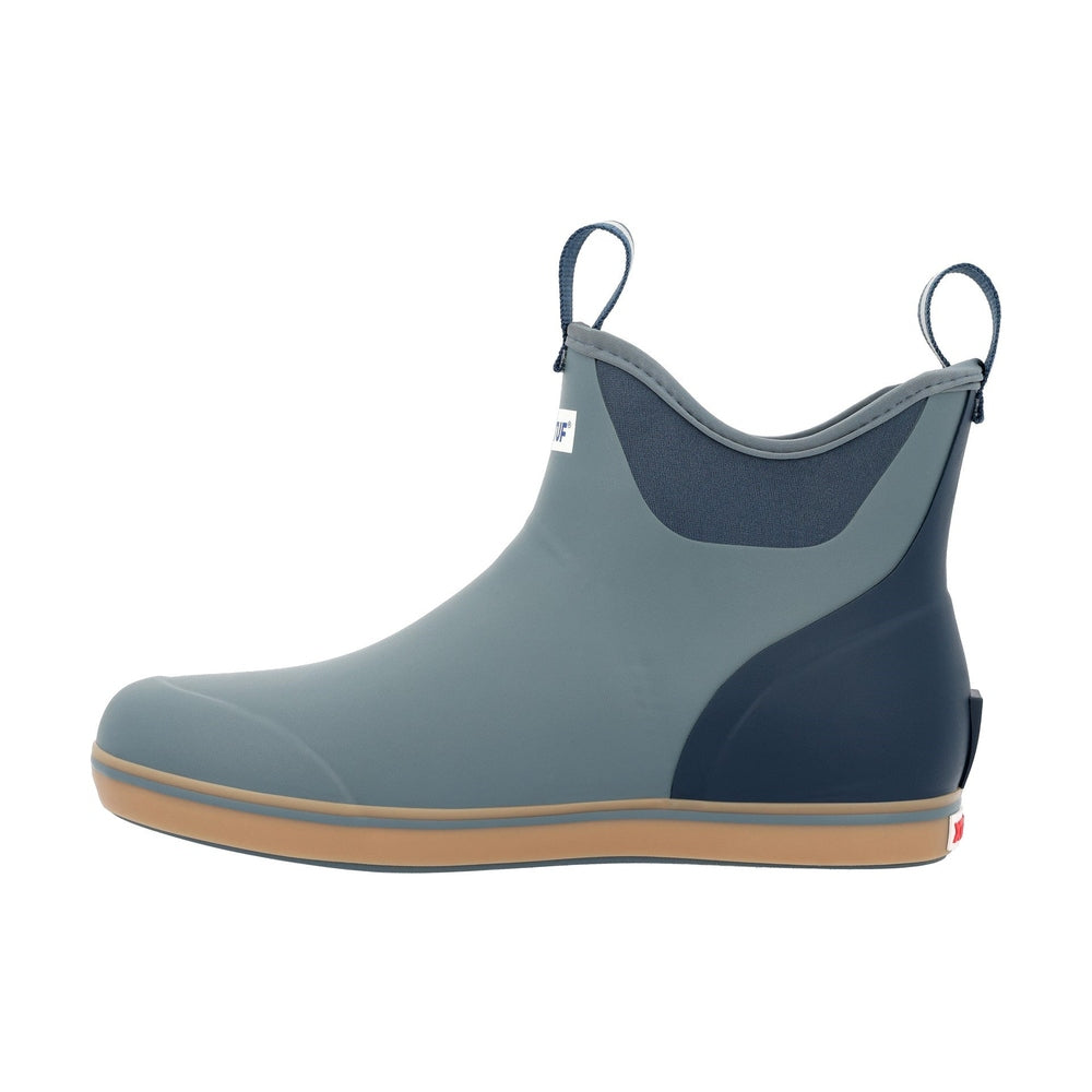 Gray and navy ankle deck boot with tan sole, slip-on design, and pull tabs.