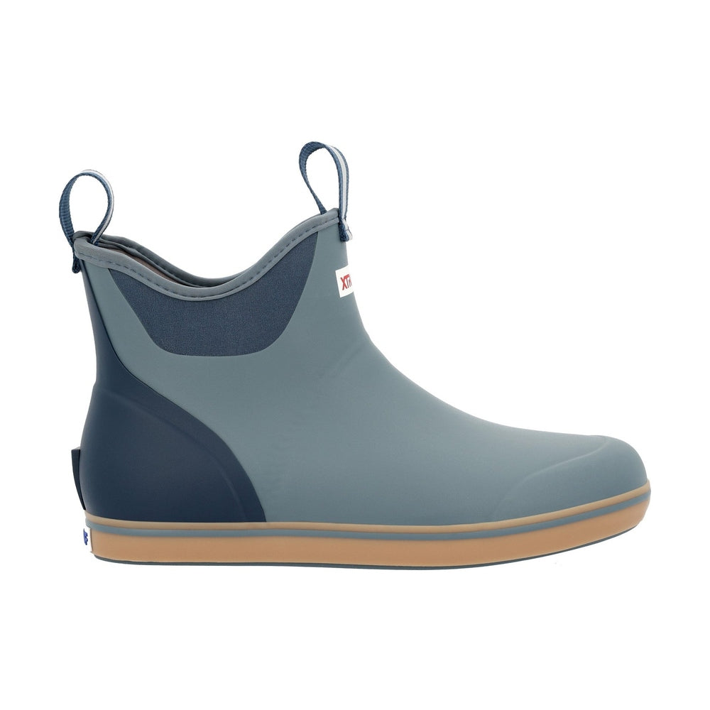 Gray and navy ankle deck boot with pull tabs and a tan slip-resistant Chevron outsole.
